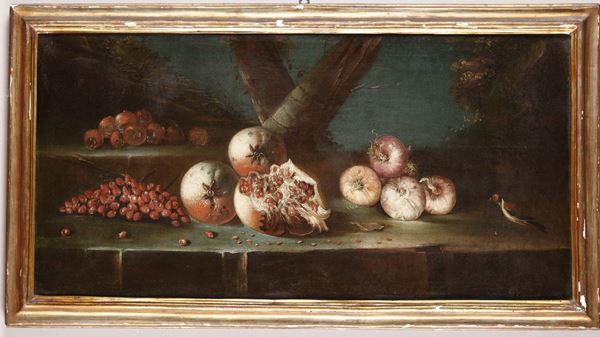 Scuola del XVIII secolo Natura morta con melograni, fragole e cipolle Natura morta con anguria, pere e fichi
