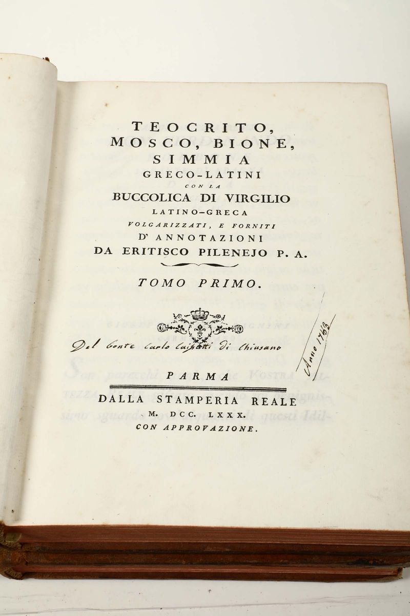 Bodoni - Edizione Bodonianateocrito, Mosco, Bione, Simmia Greco-latini con la Buccolica di Virgil...