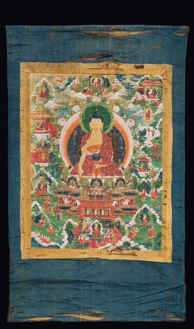 Tanka Lumeggiato in Oro a Fondo Verde con Immagine di Buddha Centrale, Tibet, XVIII Secolo