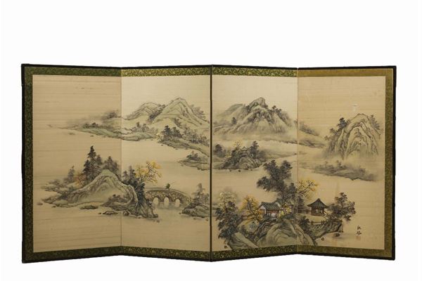 Paravento su carta con paesaggio con pescatore e firma, Cina, inizio XX secolo