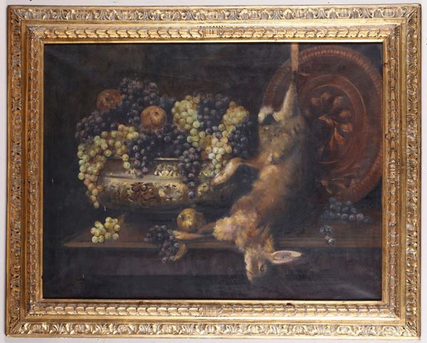 Luigi Serralunga (1880-1940) Natura morta con uva e coniglio