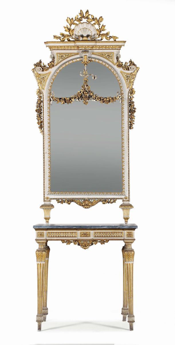 Console con specchiera in legno intagliato, laccato e dorato, XVIII secolo  - Asta Antiquariato - Cambi Casa d'Aste