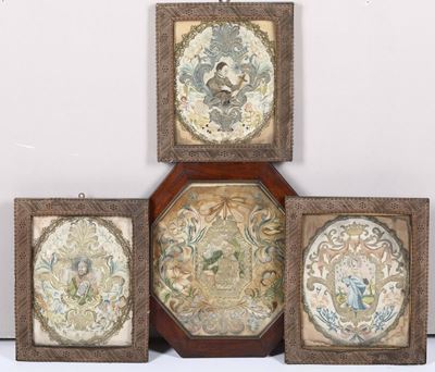 Quattro Ricami in Cornice con Raffigurazione Religiose, XIX Secolo