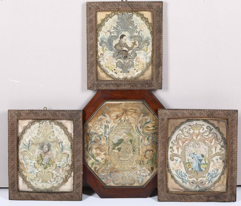Quattro ricami in cornice con raffigurazione religiose, XIX secolo  - Auction Fine Art - Cambi Casa d'Aste