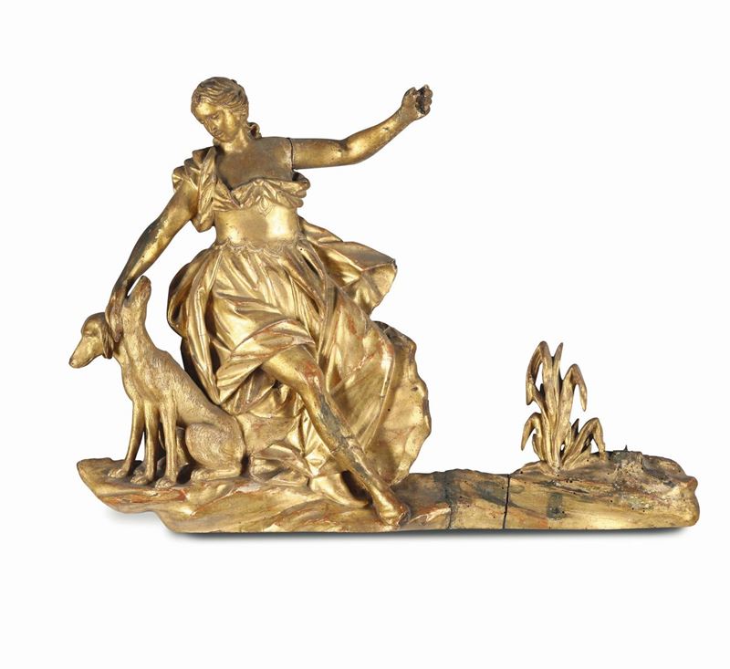 Fregio in legno intagliato e dorato raffigurante dama con cani, XIX secolo  - Auction Fine Art - Cambi Casa d'Aste