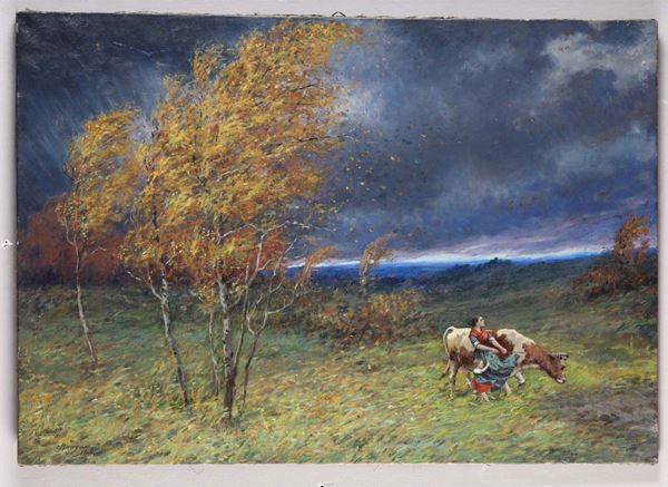 Pittore del XIX-XX secolo Paesaggio in tempesta