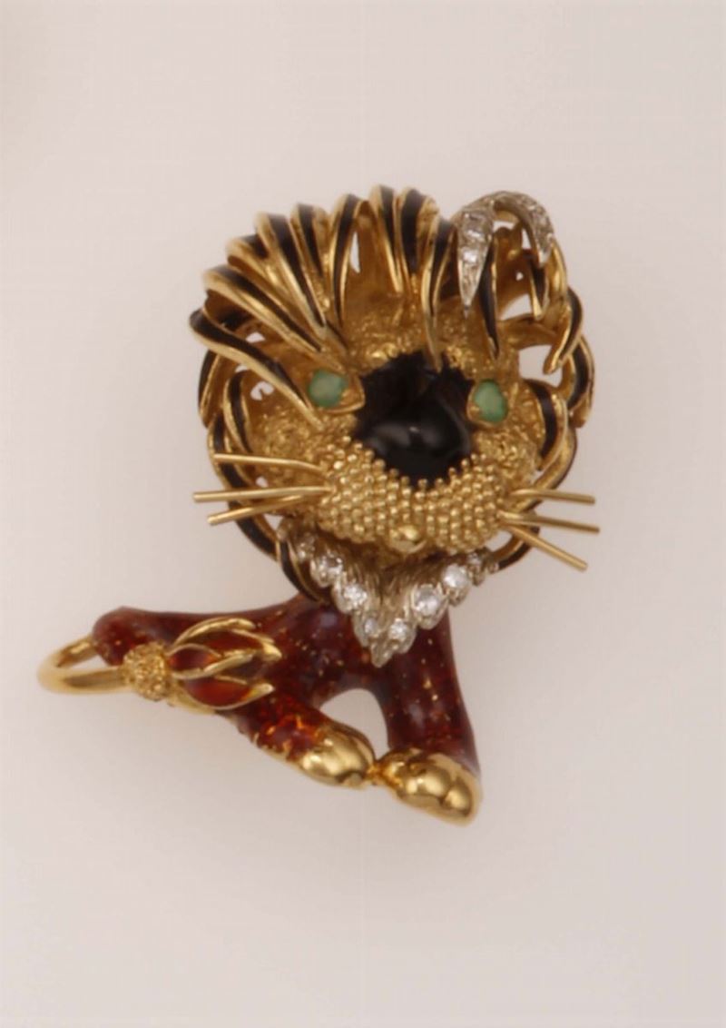 Enamel, emerald and diamond brooch. Signed Frascarolo  - Auction Fine Jewels - II - Cambi Casa d'Aste
