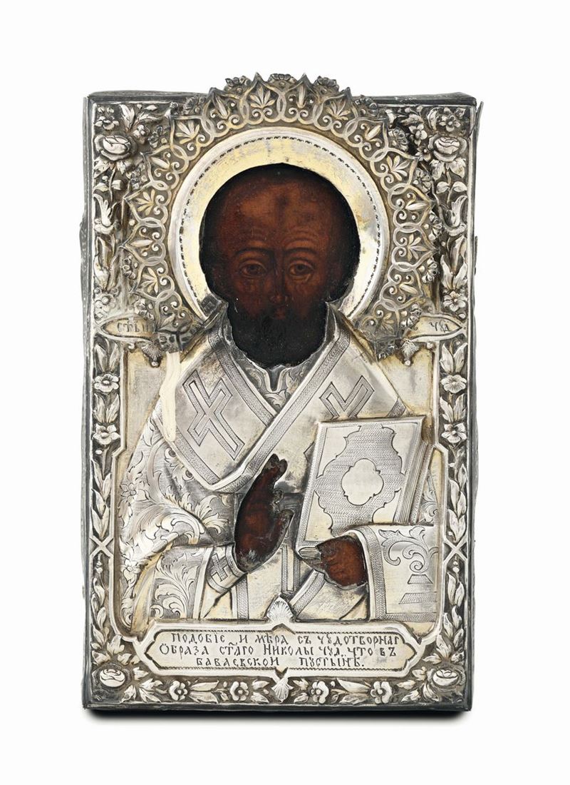 Icona raffigurante San Nicola con riza in argento sbalzato e cesellato, Russia (Tallin?) 1874  - Asta Argenti da Collezione - Cambi Casa d'Aste