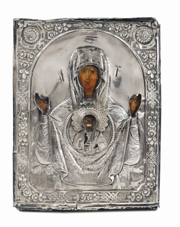 An icon depicting Our Lady of the Sign, with a plating in embossed and chiselled silver, Saint Petersburg 1889