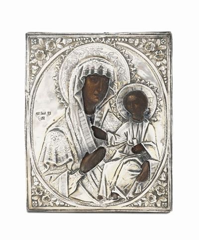Icona Raffigurante Madonna Hodighitria con Riza in Argento Sbalzato e Cesellato, Russia 1879