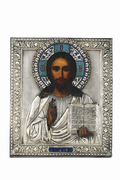 Icona Raffigurante Cristo Pantocratore con Riza in Argento e Smalti Policromi, Mosca Bolli di Tit...