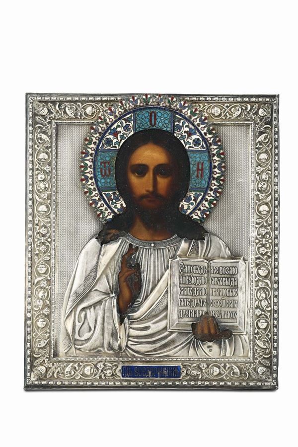 Icona raffigurante Cristo pantocratore con riza in argento e smalti policromi. Mosca bolli di titolo in uso dal 1908 al 1917