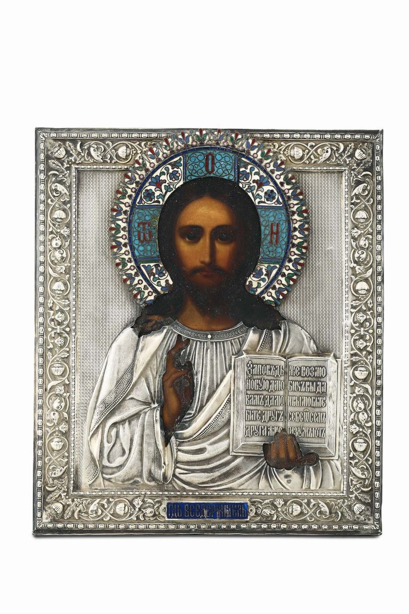 An icon depicting the Christ Pantocrator with a plate in silver and polychrome enamel, Moscow, title stamps in use from 1908 to 1917  - Auction Collectors' Silvers - Cambi Casa d'Aste