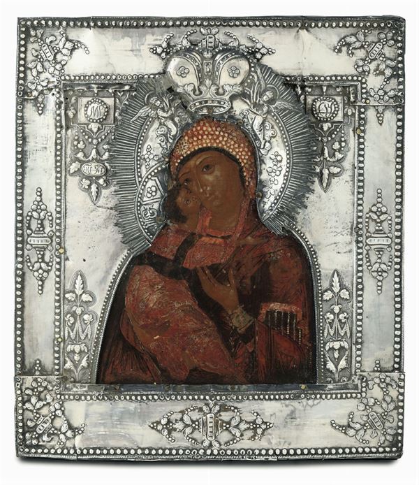 An icon depicting the Madonna of Vladimir with a plate in embossed and chiselled silver, Russia 1801, likely Kostroma