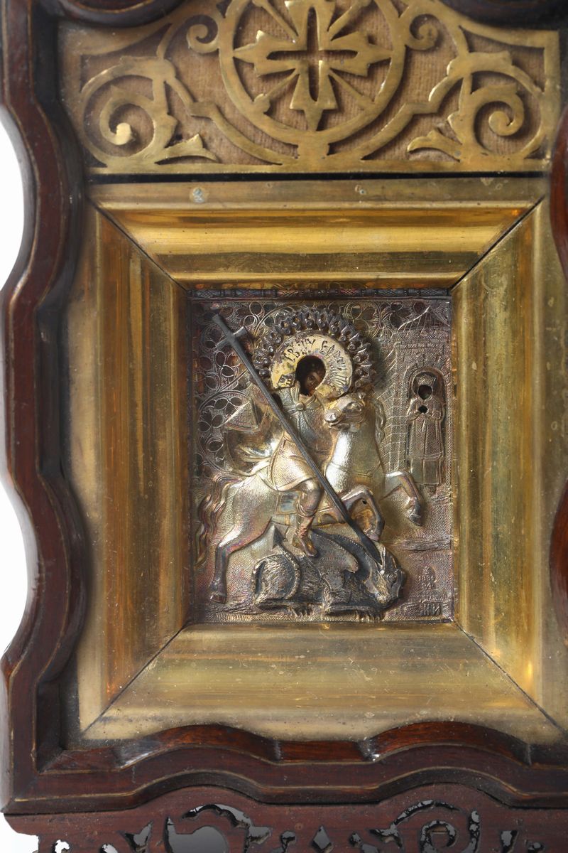 Icona in Legno Raffigurante San Giorgio e il Drago, con Riza in Argento Sbalzato, Traforato, Cese...
