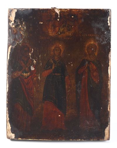 Icona di Legno Raffigurante Tre Santi, Russia XIX Secolo