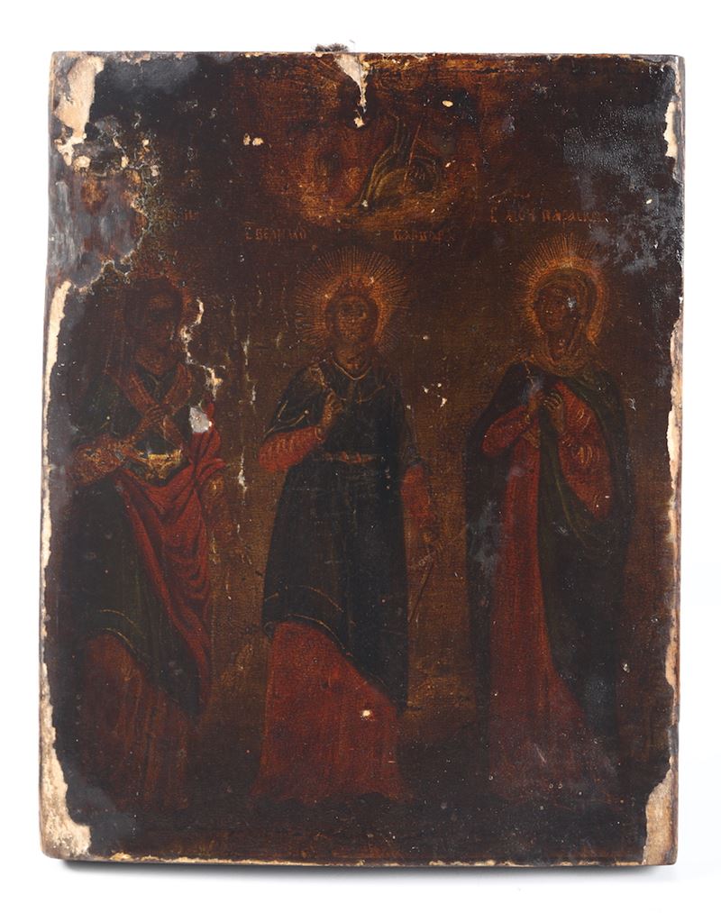 Icona di legno raffigurante tre Santi, Russia XIX secolo  - Auction Ancient Paintings, Oriental Art and European Ceramics | Time Auction - Cambi Casa d'Aste