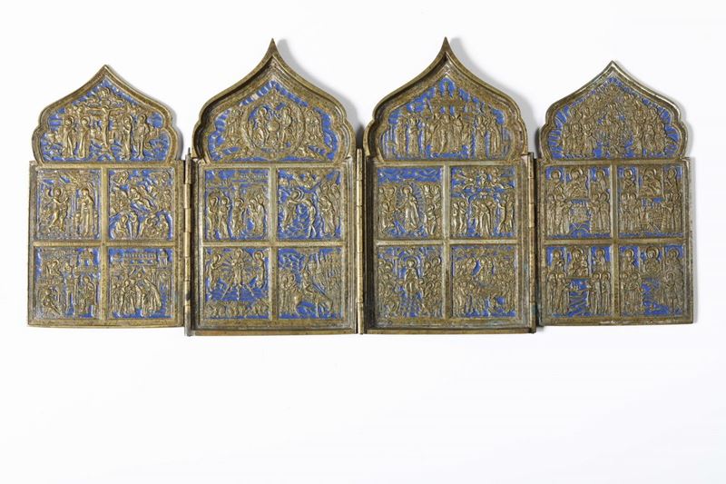 Icona da viaggio a quattro sportelli in bronzo e smalti, Russia XIX secolo  - Auction Fine Art - Cambi Casa d'Aste