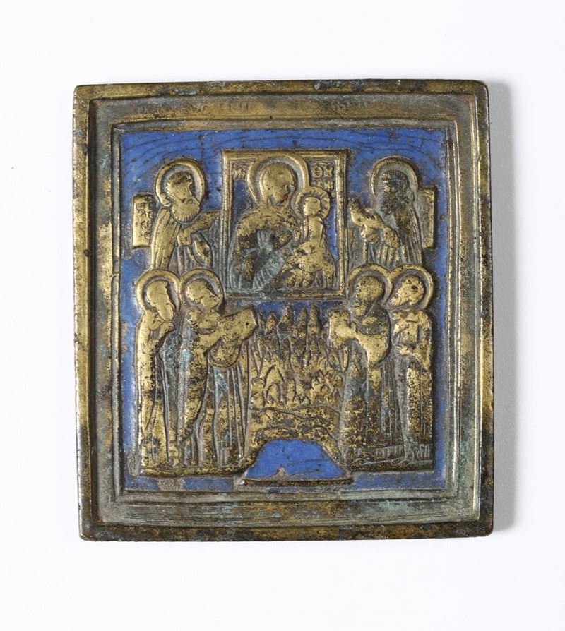 Piccola icona in bronzo e smalti raffigurante adorazione dei Magi, Russia XIX secolo  - Asta Asta a Tempo Scultura - Cambi Casa d'Aste
