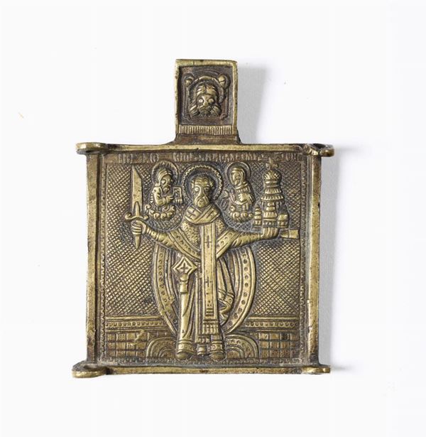 Piccola icona in bronzo dorato, Russia XIX secolo