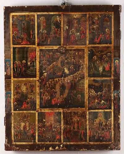 Grande Icona in Legno con Scene della Vita di Cristo, Russia XVIII-XIX Secolo