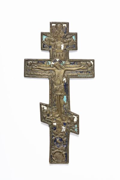Crocifisso in Bronzo con Tracce di Smalti, Russia XIX Secolo