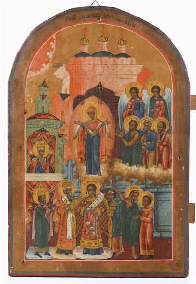 Icona in Legno con Madonna e Santi, Russia XIX Secolo