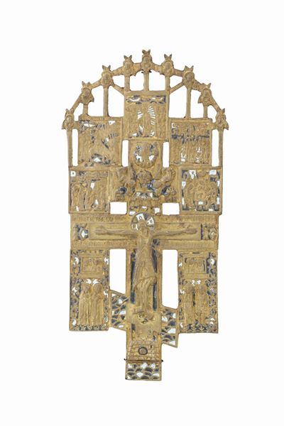 Crocifissione in Bronzo Fuso, Cesellato, Dorato e Tracce di Smalti Policromi, Arte Russa del XVII...