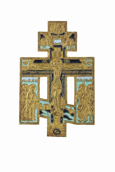 Crocifissione in Bronzo Fuso, Cesellato, Dorato e Smalti Policromi, Arte Russa del XVIII-XIX Seco...