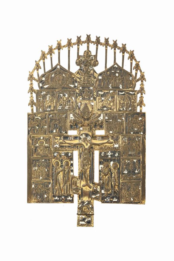 A crucifixion with iconostasis in molten and chiselled bronze, traces of gilding and polychrome enamel, Russian art from the 18th-19th century