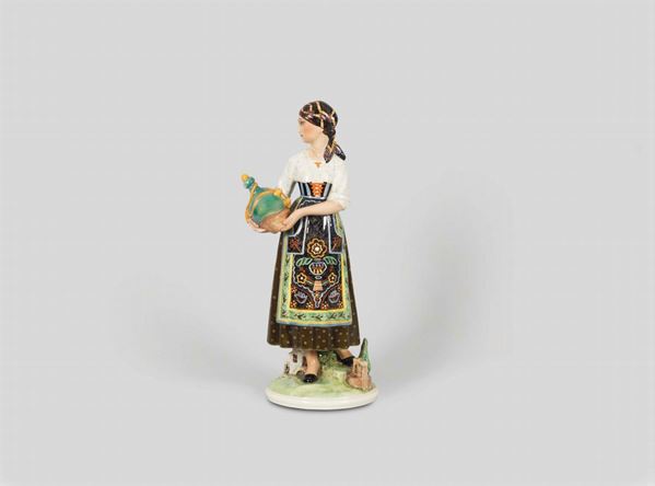 Abele Jacopi, Lenci, Turin, 1950 ca. A figure of a woman in a regional costume from Romagna, earthenware ceramics with a polychrome decor