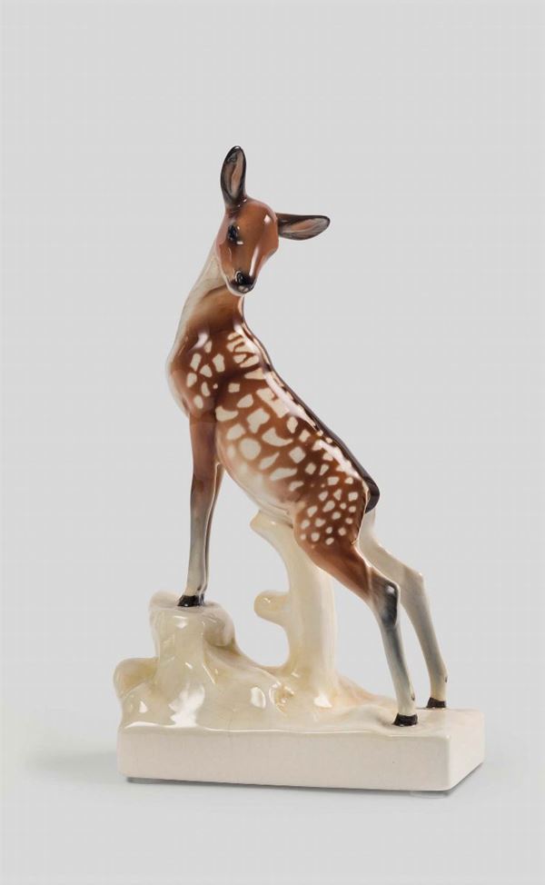 Lenci, Turin, 1950 ca. A figure of a deer, earthenware ceramics with a polychrome decor