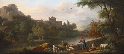 Pieter Andras Rysbraeck (parigi 1684 - Londra 1748), Attribuito Apaesaggio Romano con Figure e Ar...