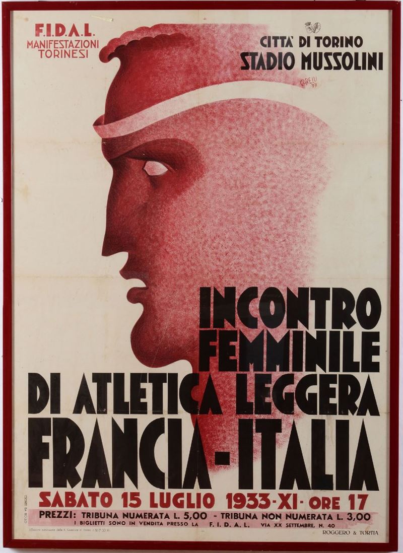 Franco Garelli (1909-1973) Manifesto Italia Francia, incontro femminile di atletica leggera, 1933  - Auction Sporting Art - Cambi Casa d'Aste