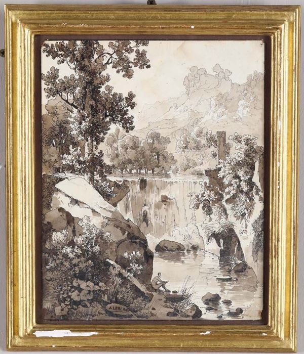 Alexandre Leblanc (1793 - 1866) Paesaggio con cascata ed un personaggio assiso