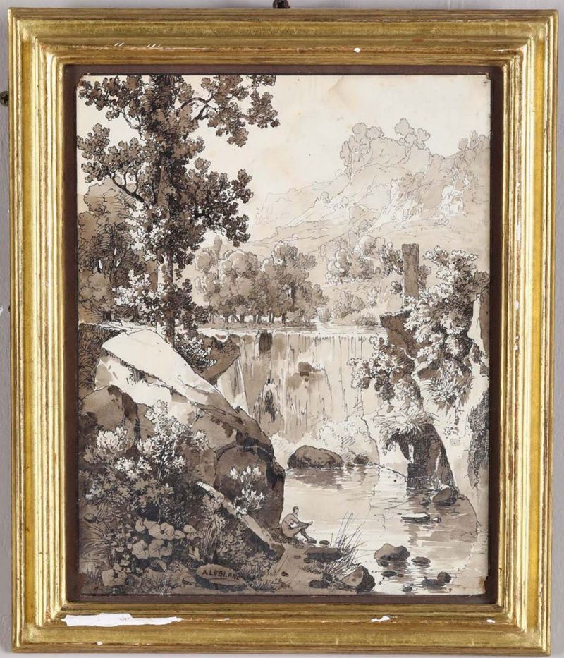 Alexandre Leblanc (1793 - 1866) Paesaggio con cascata ed un personaggio assiso  - Asta Arredi, Dipinti e Oggetti d'Arte - Cambi Casa d'Aste