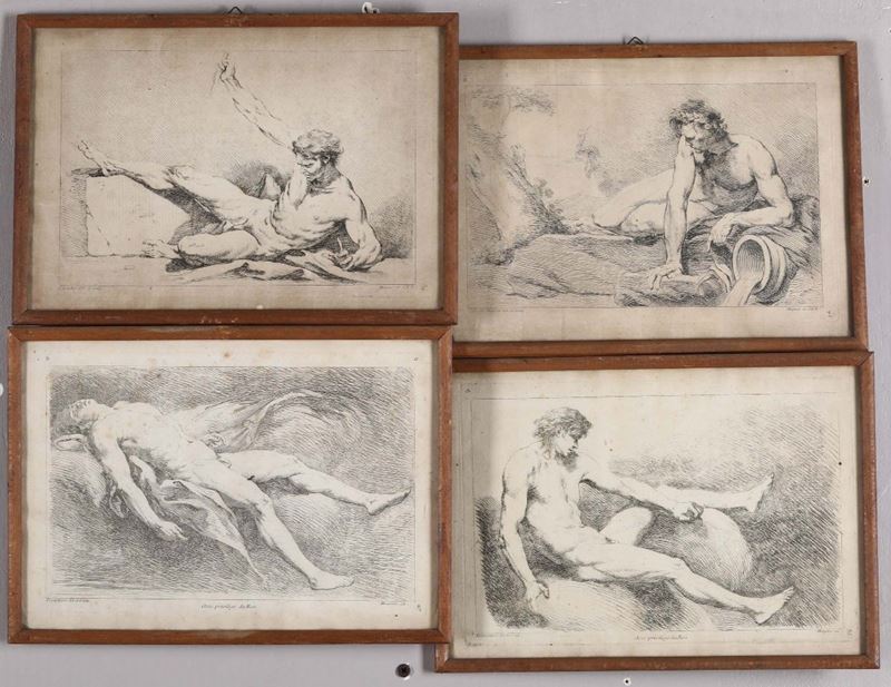 Serie di quattro incisioni al bulino su lastra di rame raffiguranti studi d’accademia. Francia XVII secolo  - Asta Antiquariato - Cambi Casa d'Aste