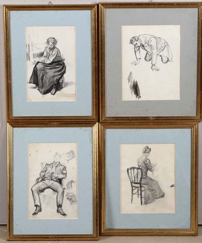Lotto Composto da Quattro Studi di Figure Femminili e Maschili, Attr. a Marcello Dudovich