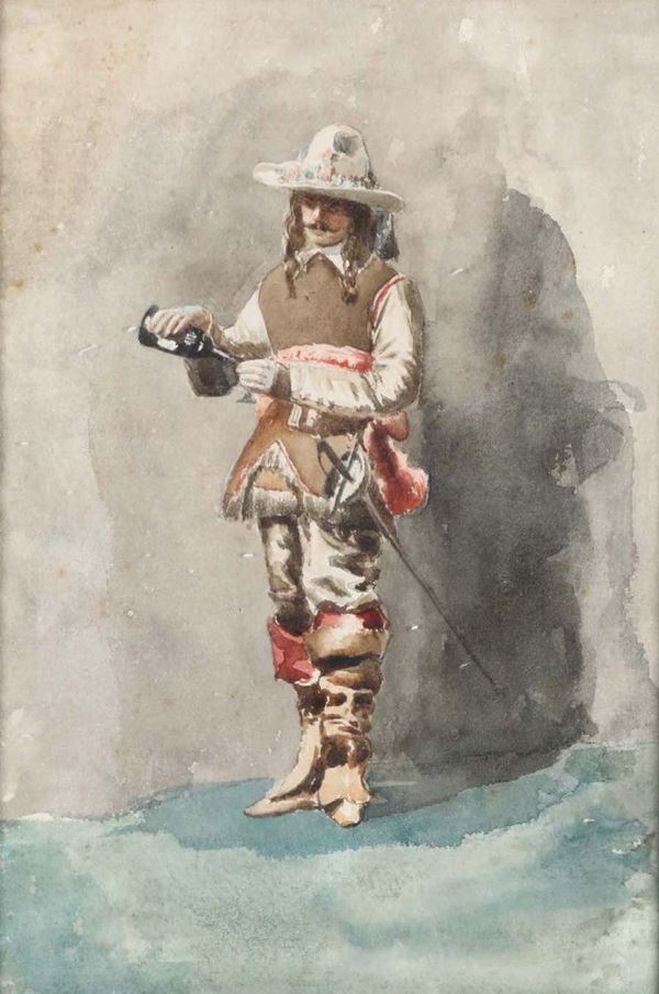 Scuola del XIX secolo Studio per personaggio in costume con spada e stivali nellâ€™atto di versare dalla bottiglia
