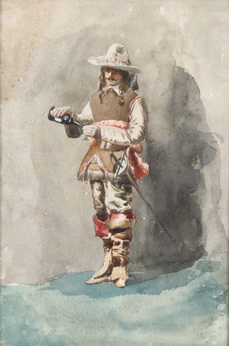 Scuola del XIX secolo Studio per personaggio in costume con spada e stivali nell’atto di versare dalla bottiglia  - Asta Antiquariato - Cambi Casa d'Aste