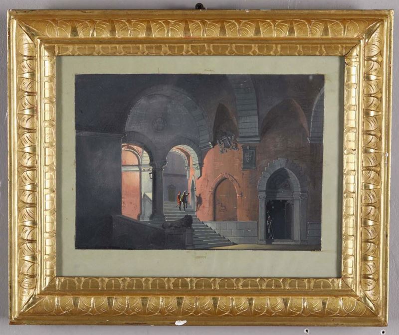 Scuola italiana della prima metà XIX secolo Studio per una corte interna di un palazzo con figure in notturno  - Asta Antiquariato - Cambi Casa d'Aste
