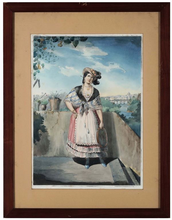 Scuola del XIX secolo Giovane donna in costume di borghesia romana con il tamburello con scorcio di veduta di Roma sullo sfondo