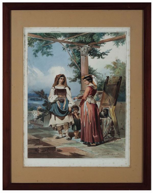 Scuola del XIX secolo Scena con due donne in costume ed una bambina in una terrazza con vista e scorcio di paese con mare (Amalfi?)
