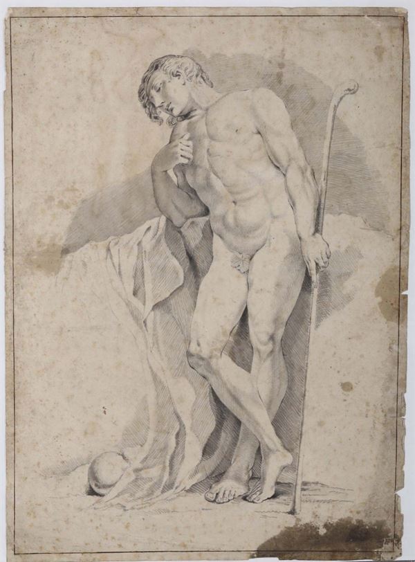 Scuola italiana del XVIII secolo Studio di accademia raffigurante un giovane ignudo con un bastone in mano