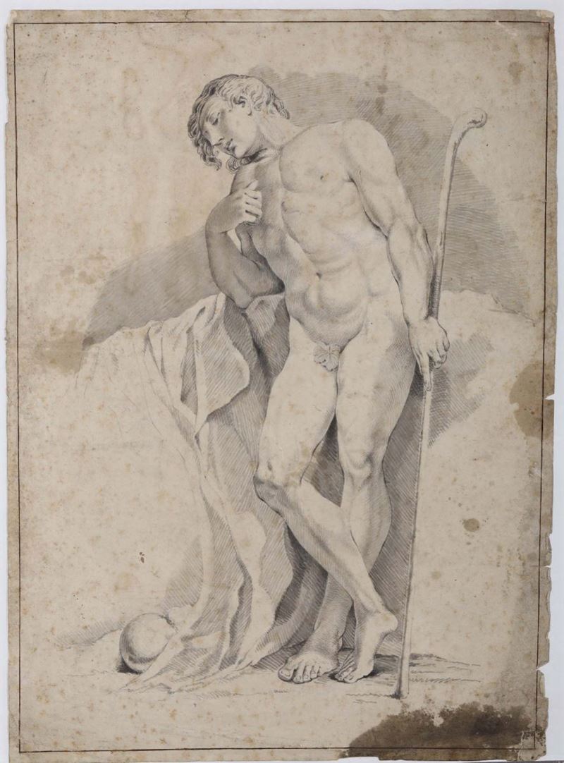 Scuola italiana del XVIII secolo Studio di accademia raffigurante un giovane ignudo con un bastone in mano  - Auction Fine Art - Cambi Casa d'Aste