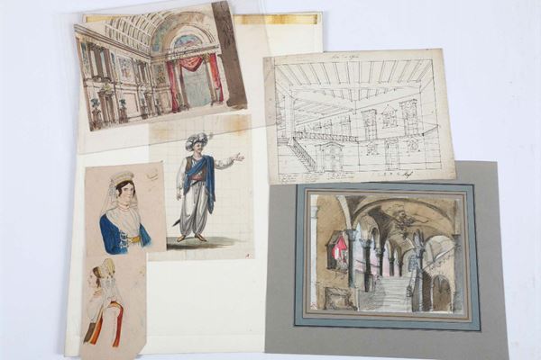 Lotto di sei disegni raffiguranti scenografie e costumi teatrali, XIX secolo