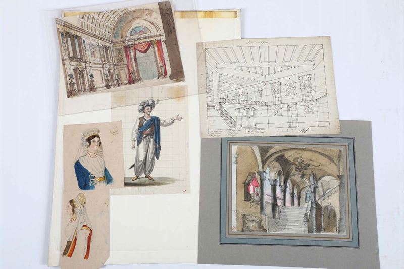 Lotto di sei disegni raffiguranti scenografie e costumi teatrali, XIX secolo  - Asta Arredi, Dipinti e Oggetti d'Arte - Cambi Casa d'Aste