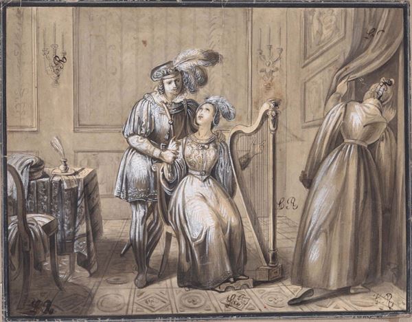 Scuola della prima metà del XIX secolo Scena di interni con figura femminile che suona l’arpa