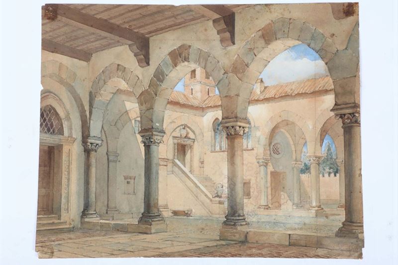 Scuola dell’Italia centrale, XIX secolo Veduta di corte interna di palazzo Vescovile  - Auction Fine Art - Cambi Casa d'Aste