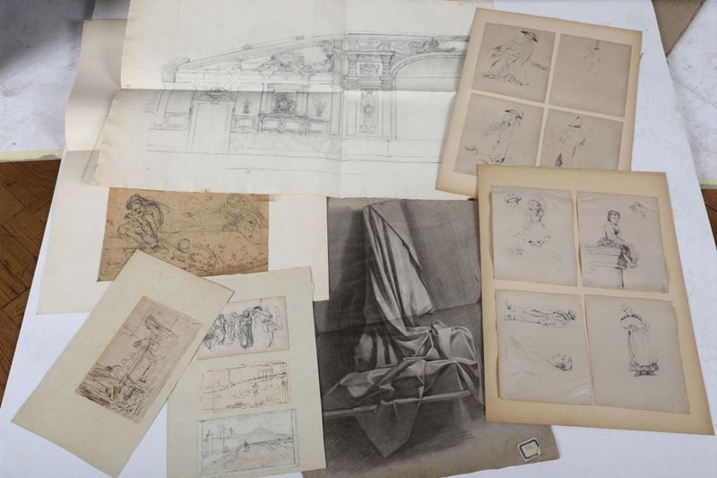 Cartella in cartone contenente sedici disegni, vari artisti italiani del XIX secolo  - Asta Antiquariato - Cambi Casa d'Aste